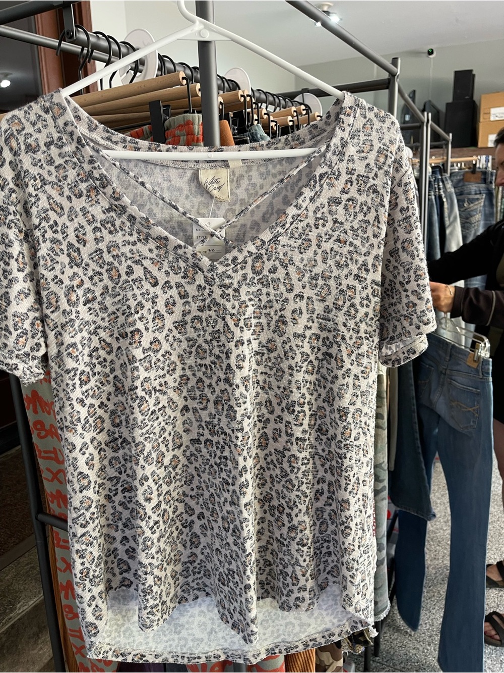 White Crow Beige & Black Leopard Print V-Neck Short Sleeve Top